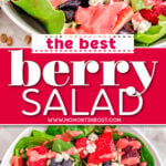 two image of berry salad in white bowl and top down look at the salad. center color block with text overlay.