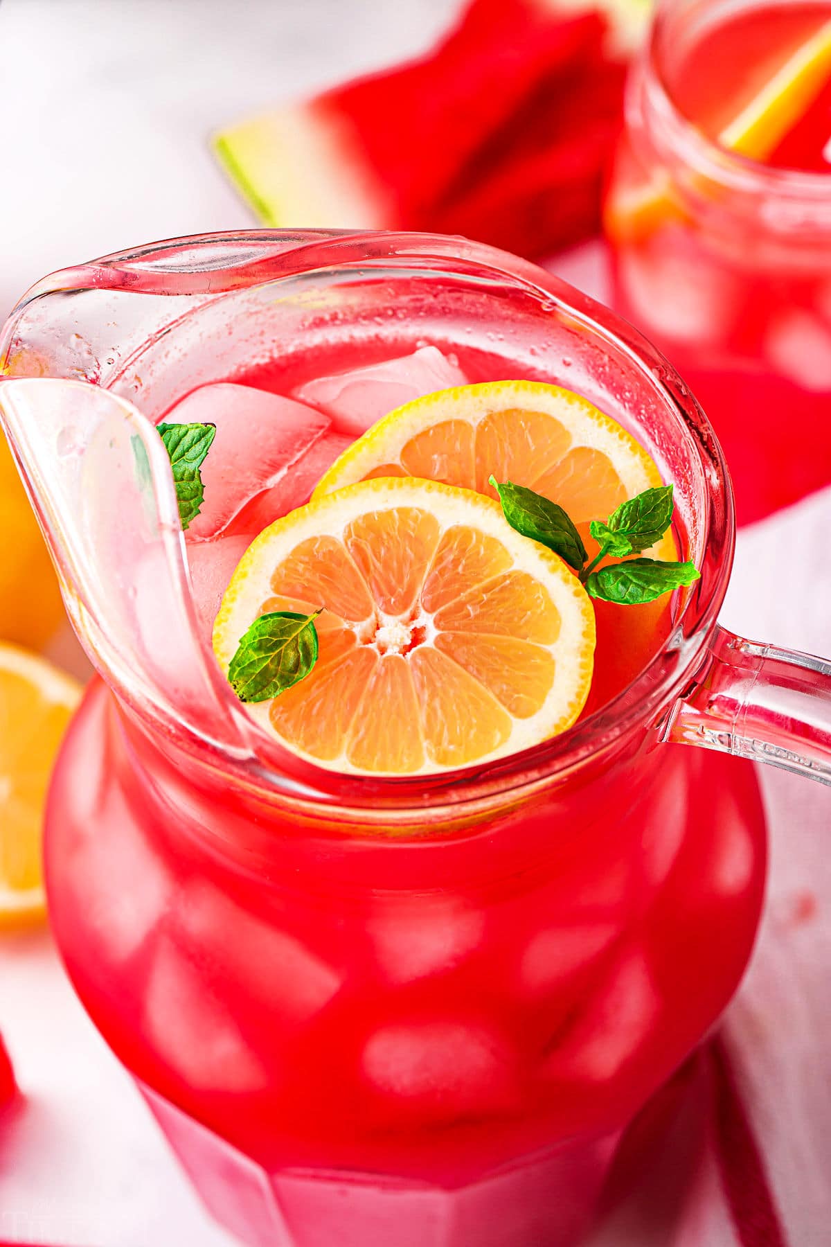 top down look at watermelon lemonade in pitcher.