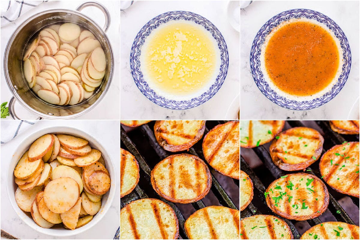 six image collage showing how to cook potatoes on the grill.