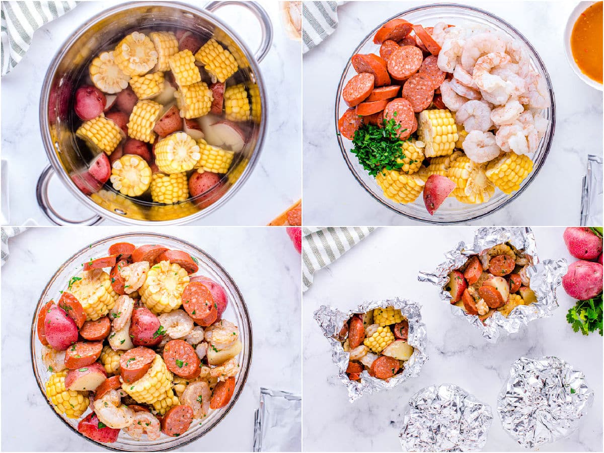 four image collage showing how to prepare shrimp foil packets for grilling or oven.