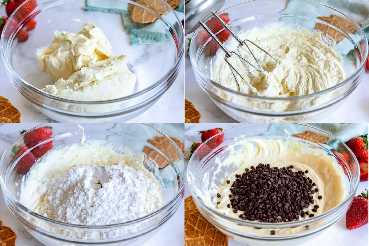 four image collage showing cannoli dip being made in a large glass bowl.