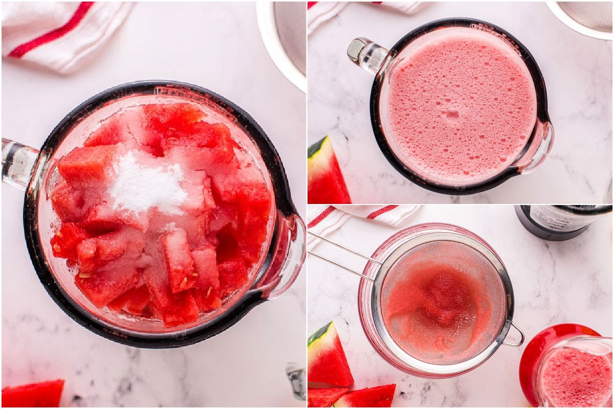 three image collage showing watermelon lemonade being prepared.