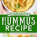 two image collage of hummus in bowl and celery being dipped in hummus. center color block and text overlay.