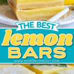 two image lemon bars collage with stacked lemon bars on plate and lemon bars cut on parchment paper. center color block and text overlay.