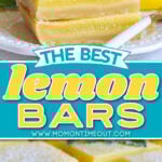 two image lemon bars collage with stacked lemon bars on plate and lemon bars cut on parchment paper. center color block and text overlay.