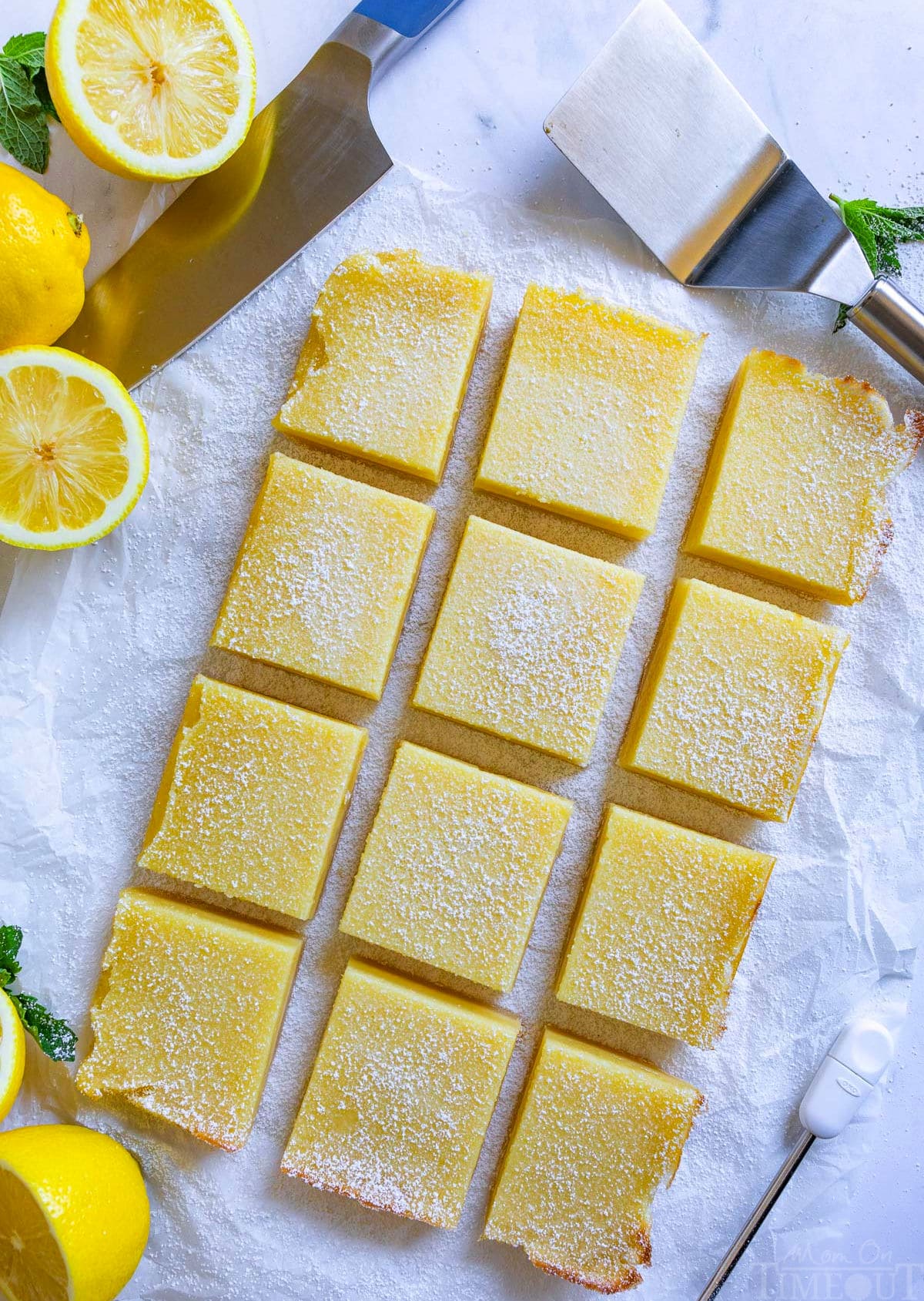 top down view of lemon bars cut into squares.