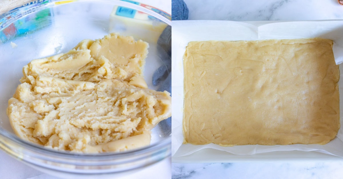 shortbread crust in bowl and baking dish.