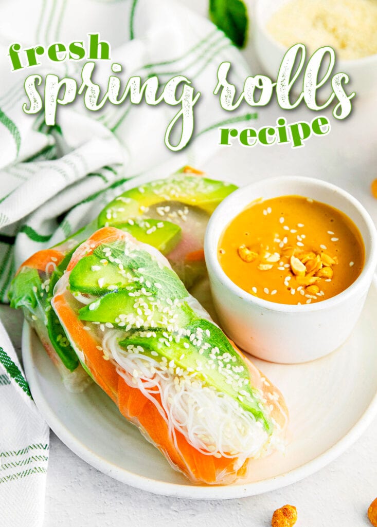 spring rolls on white plate with small bowl of peanut sauce to dip in on the side.