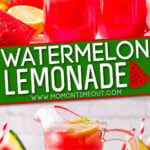 2 image collage of watermelon lemonade in glasses and in pitcher. center color block and text overlay.