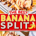 two image collage showing banana split from the front and top down. center color block with text overlay.