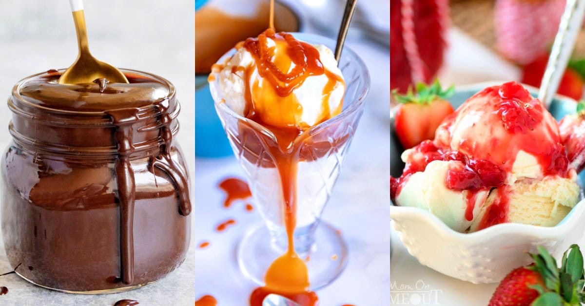 three image collage showing hot fudge, caramel sauce, and strawberry sauce.