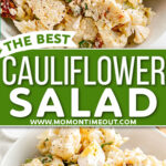 two image collage showing cauliflower salad in white bowl topped with hard boiled eggs and fresh ground black pepper. Center color block with text overlay.