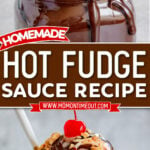 two image collage of hot fudge in jar and also on a hot fudge sundae. center color block with text overlay.
