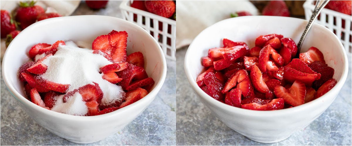 two image collage showing fresh strawberries being macerated in a large white bowl.