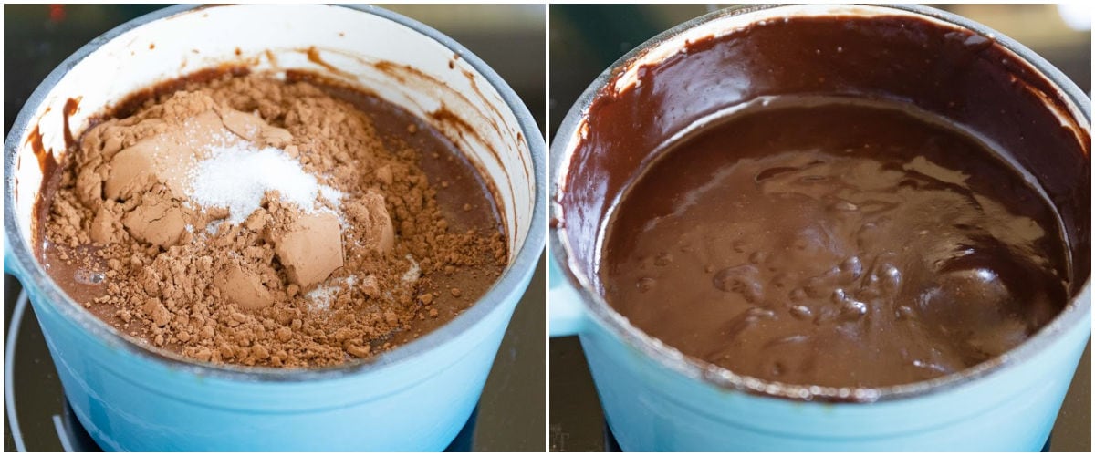 two image collage showing hot fudge sauce being made in small blue saucepan.