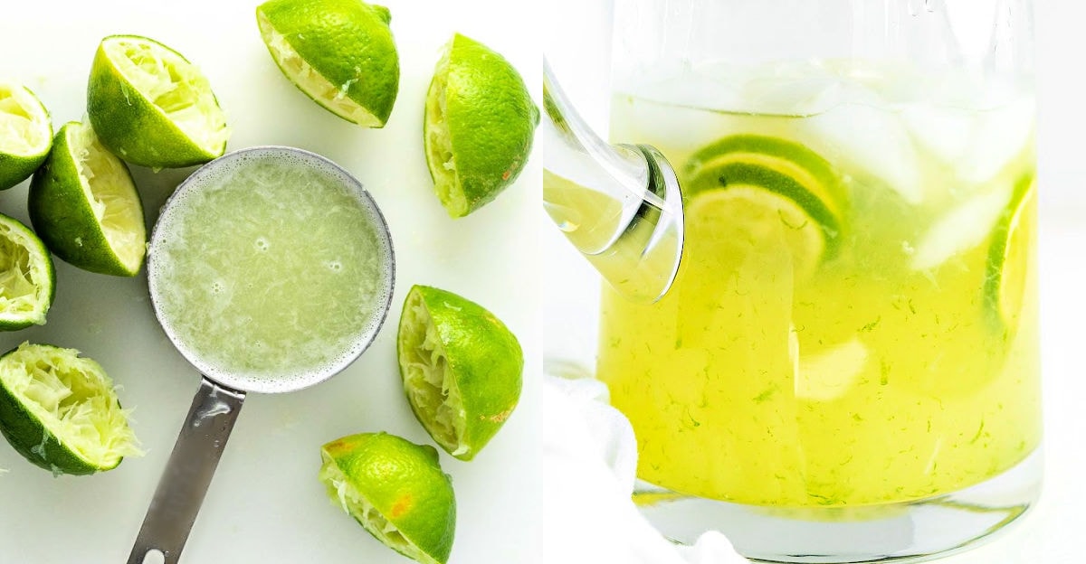 two image collage showing juiced limes and a half filled pitcher.