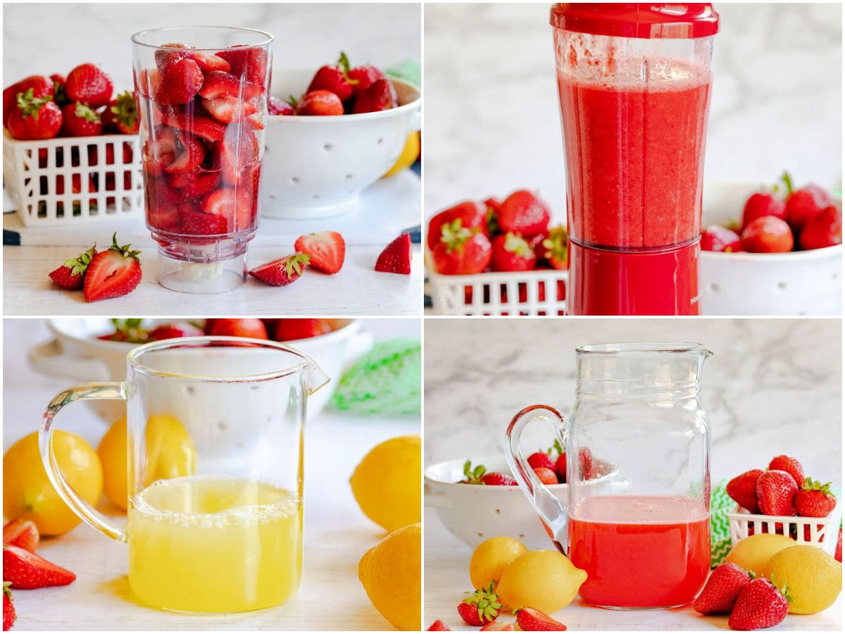 4 ingredient collage showing how to make strawberry lemonade.