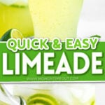 two image collage showing glass of limeade on top and pitcher on the bottom. center color block with text overlay.