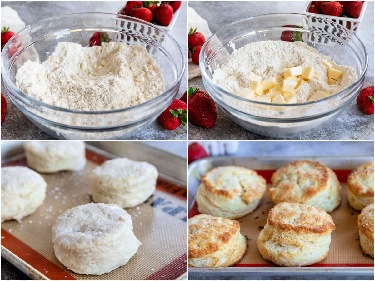 four image collage showing how to make biscuits for strawberry shortcake.