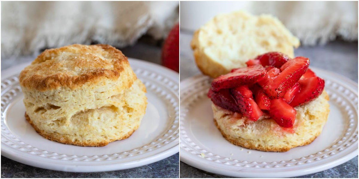 two image collage showing how to build strawberry shortcake.