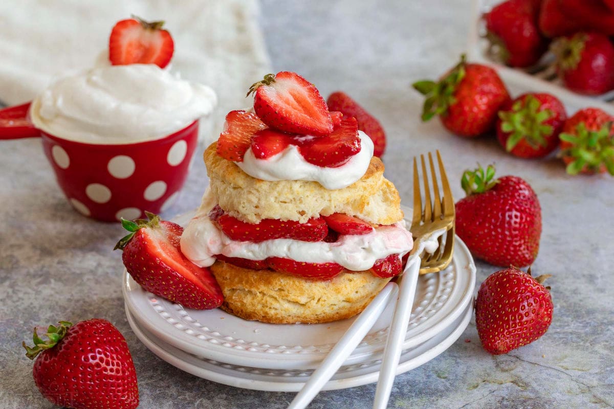 easy strawberry shortcake made with homemade biscuits, whipped cream and macerated strawberries on white plate with fresh whipped cream and strawberries in background and scattered about.