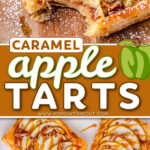 two image collage showing caramel apple tarts on wood board and on marble. center color block with text overlay.