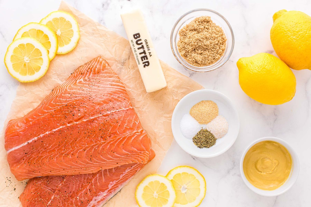 ingredients for baked salmon laid out and ready to use. 