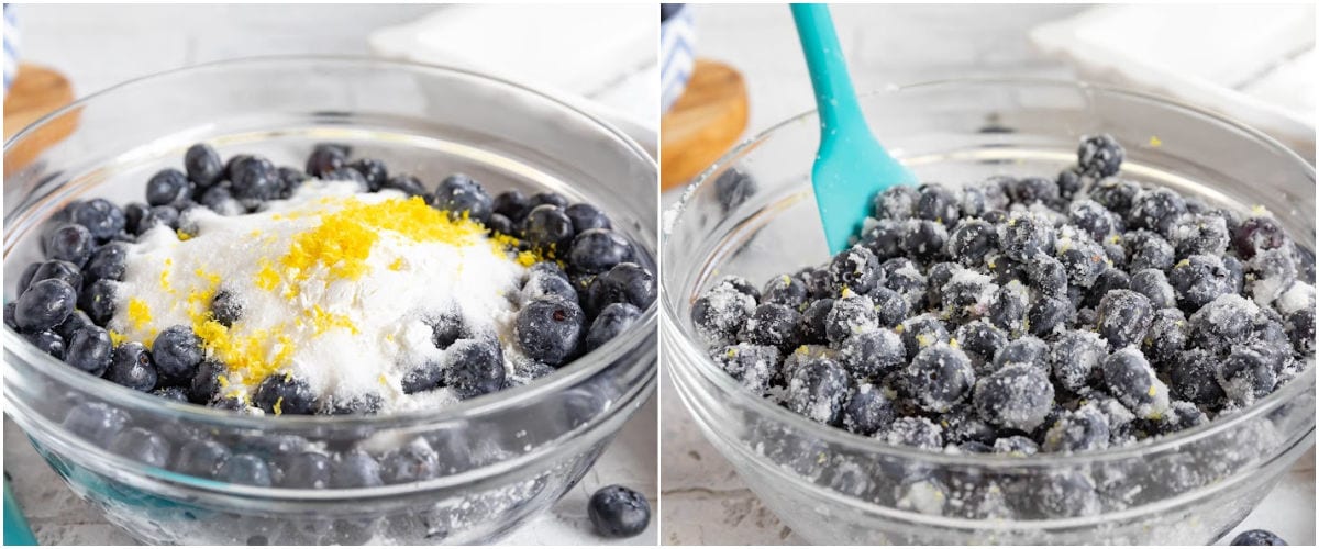 two image collage showing blueberry filling being mixed together in a glass bowl.
