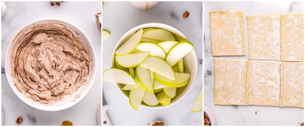 three image collage showing how to prep each component of the apple tart recipe.