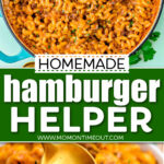 two image collage showing homemade hamburger helper in skillet and served in a small white bowl. Center color block with text overlay.