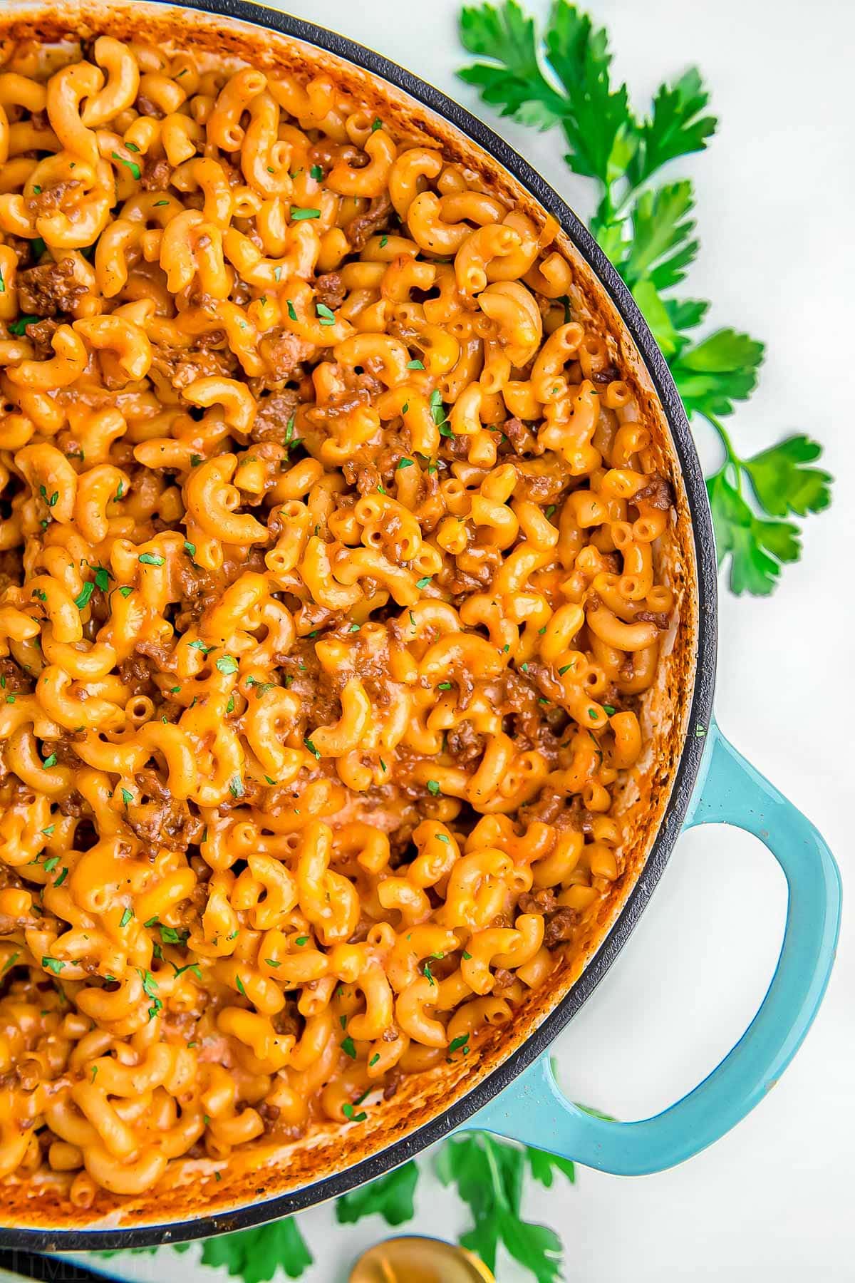 close up look at hamburger helper in large skillet ready to be served.