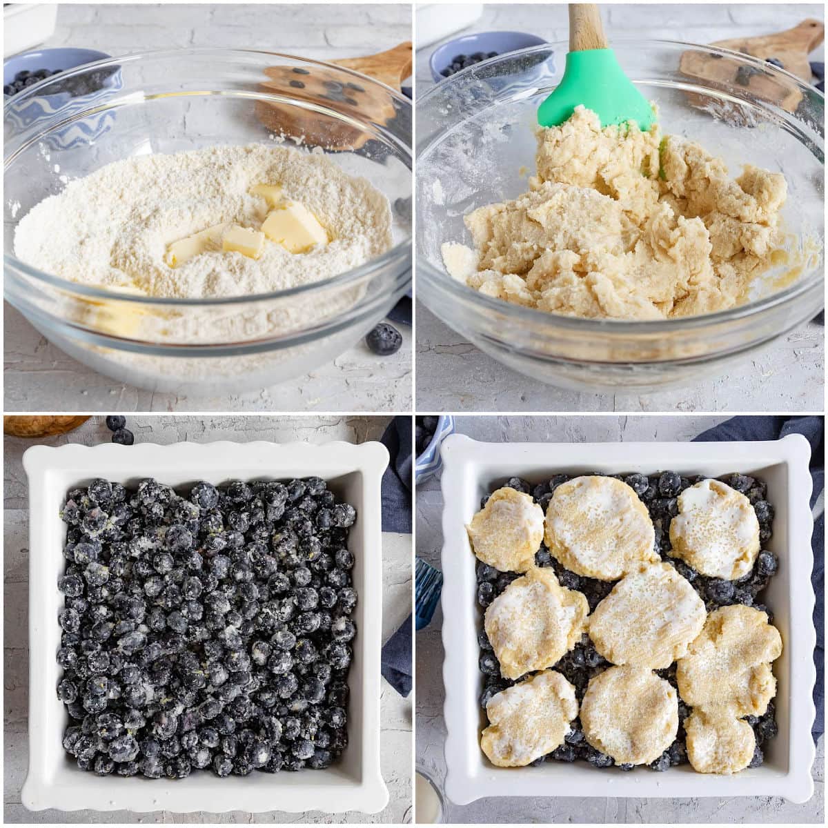 four image collage showing blueberry cobbler being assembled.