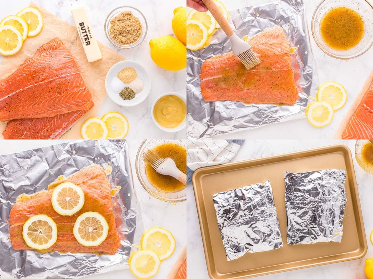 four image collage showing how to bake salmon in foil in the oven.