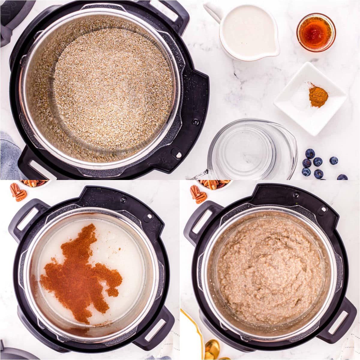 three image collage showing how to make instant pot steel cut oats.