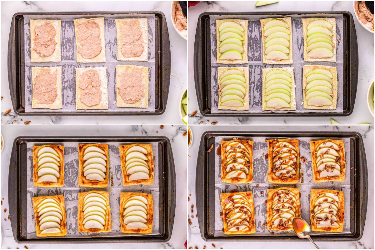 4 image collage showing how to assemble individual apple tarts with caramel sauce.