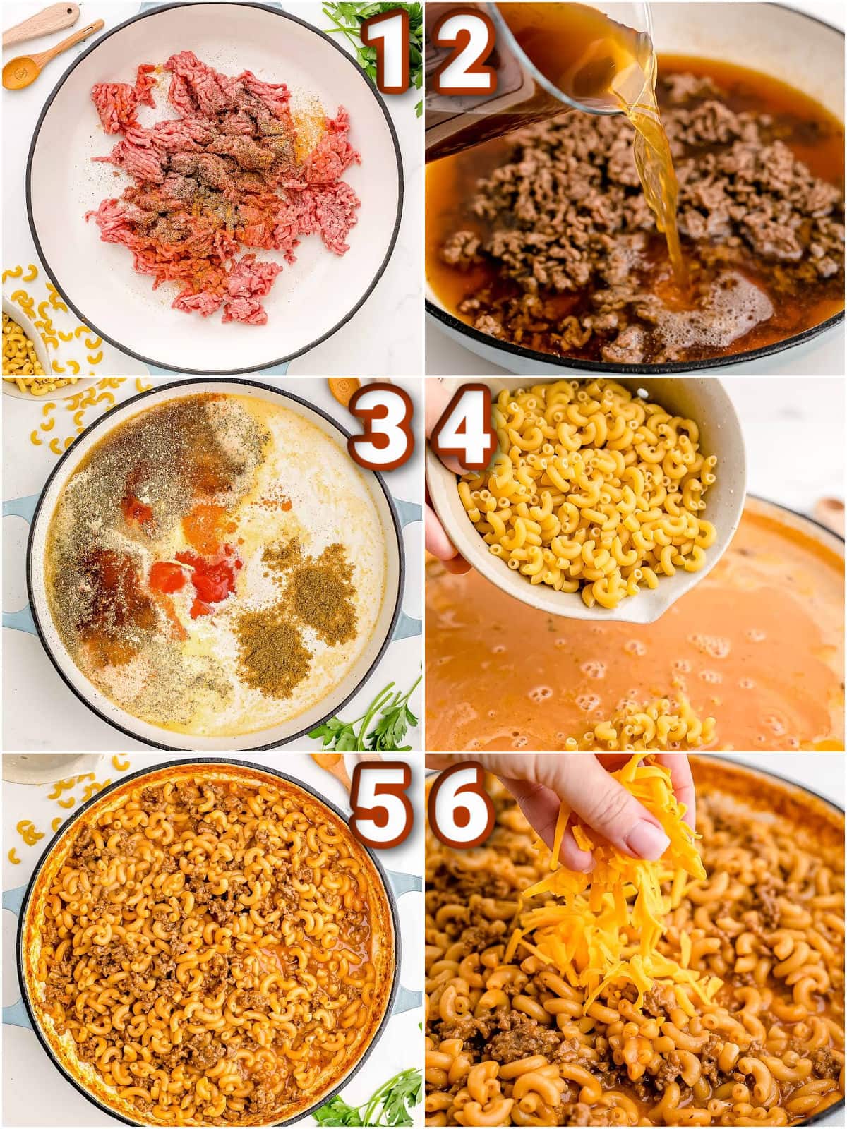 6 image collage showing step by step how to make hamburger helper at home.