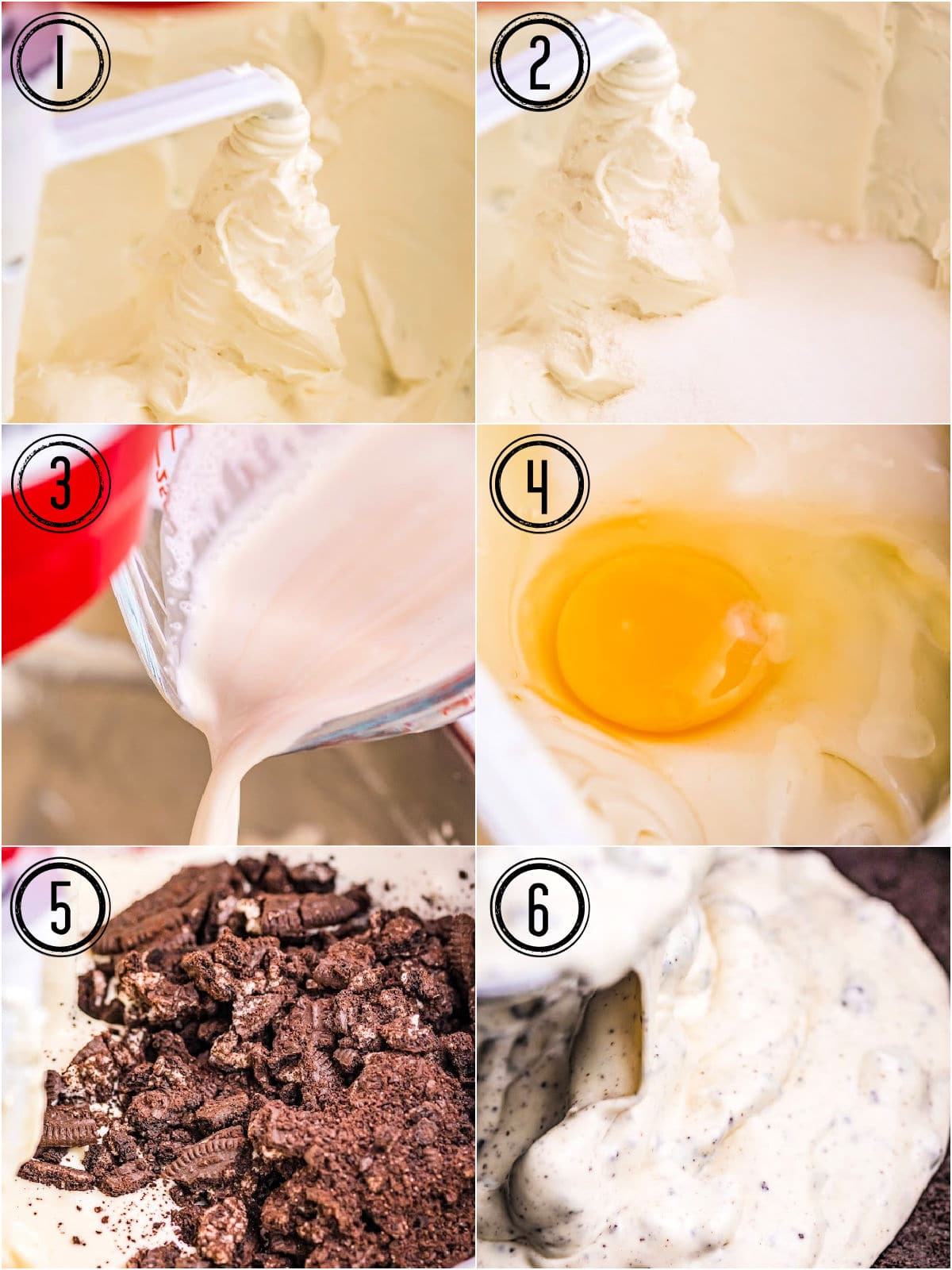 six image collage showing how to make oreo cheesecake that needs to be baked.