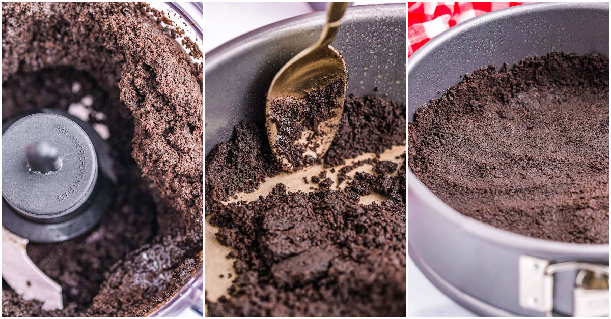 three image collage showing how to make an oreo crust for a cheesecake.