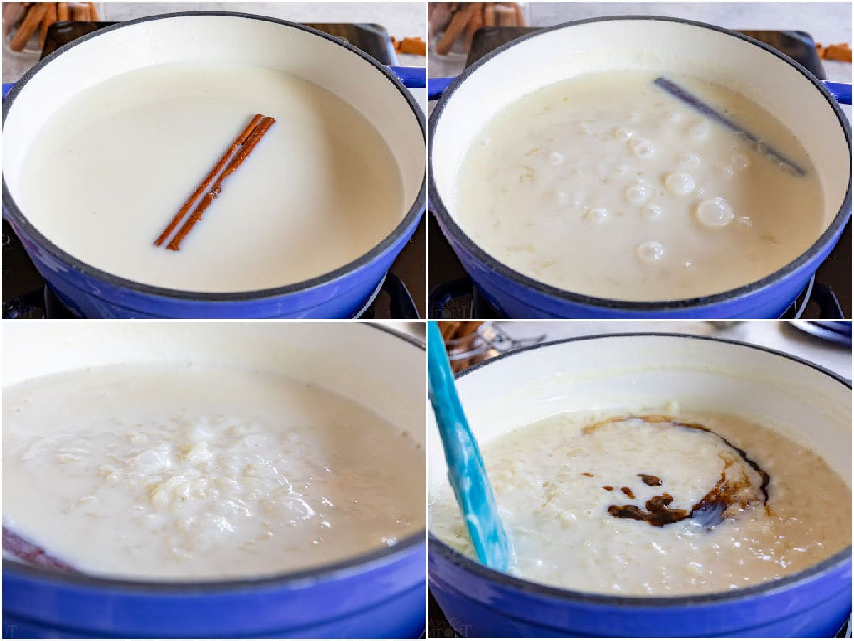 four image collage showing how to make rice pudding on the stove top. shows rice being simmered in milk with cinnamon stick and vanilla bean paste being added at the end.