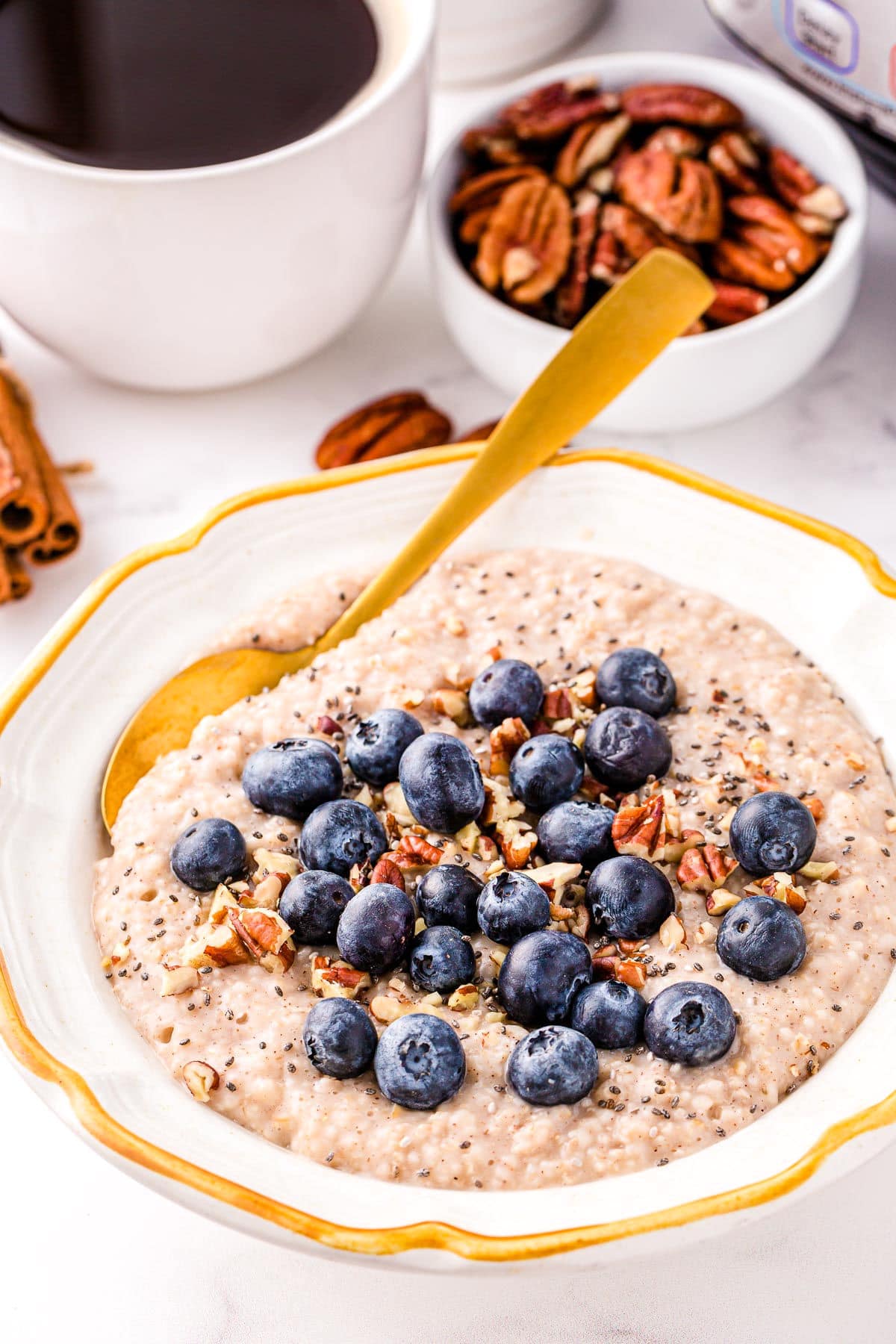 instant pot oats in white bowl with gold rim topped with blueberries and ground cinnamon. cup of coffee and small bowl of pecans in background.