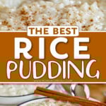 two image collage showing spoonful of rice pudding and small white cast iron pot filled with rice pudding. center color block with text overlay.