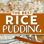 two image collage showing spoonful of rice pudding and small white cast iron pot filled with rice pudding. center color block with text overlay.