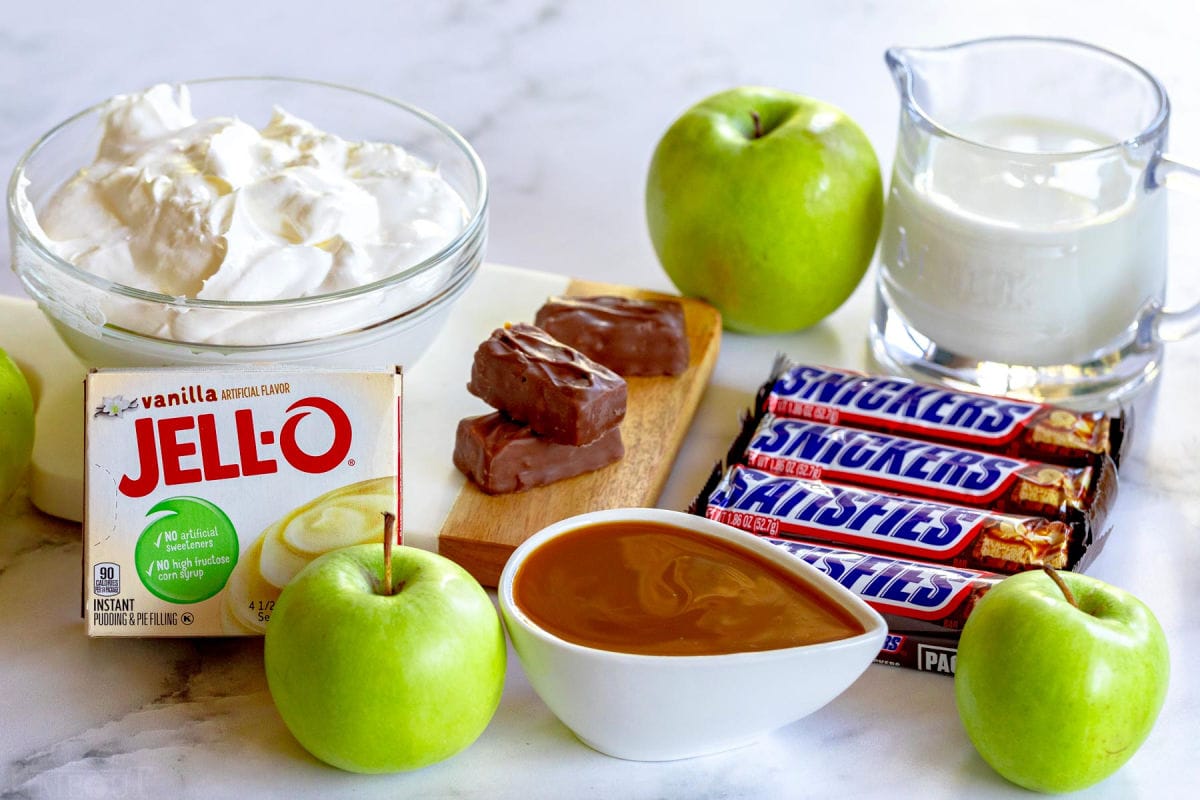 snicker salad recipe ingredients laid out ready to use in recipe.