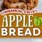 two image collage showing slices of fresh apple bread with a cinnamon brown sugar swirl. center color block with text overlay.