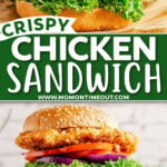 two image collage with one crispy chicken sandwich on top and two stacked sandwiches in the bottom image. sandwiches have lettuce, tomato, and onion. Center color block with text overlay.