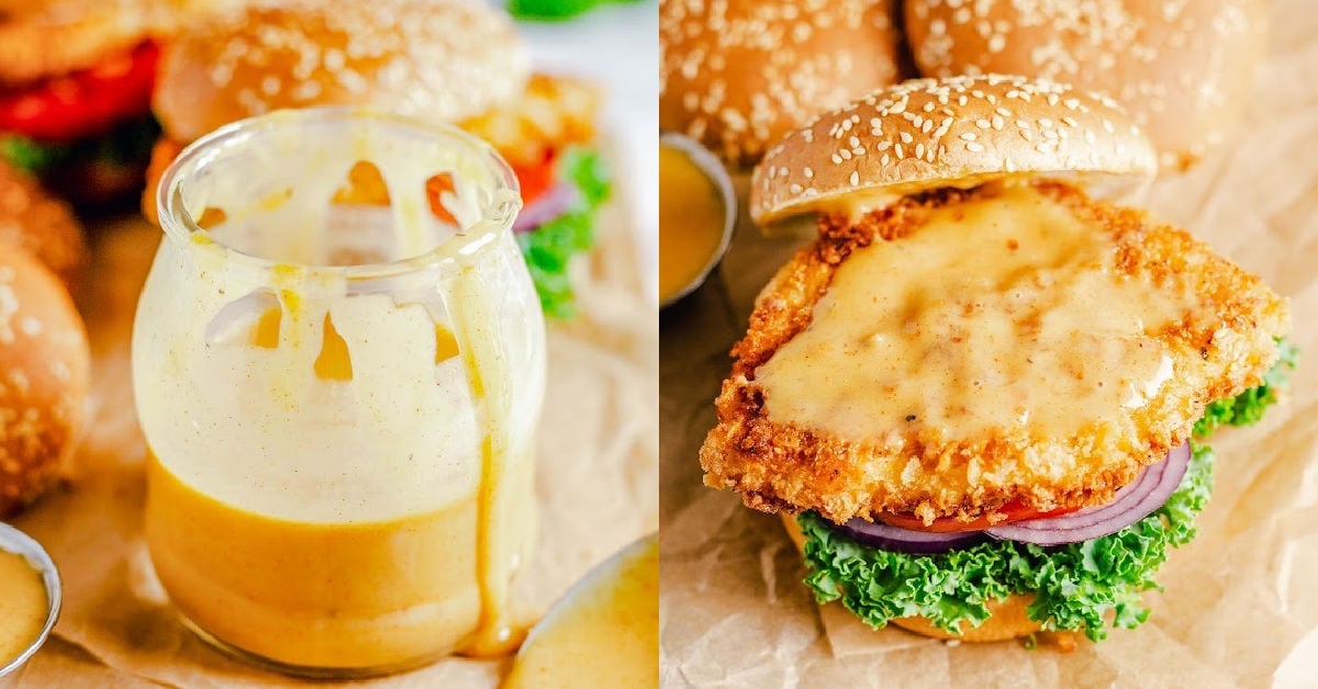 two image collage showing honey mustard sauce and chicken sandwich with the sauce spread on the chicken.