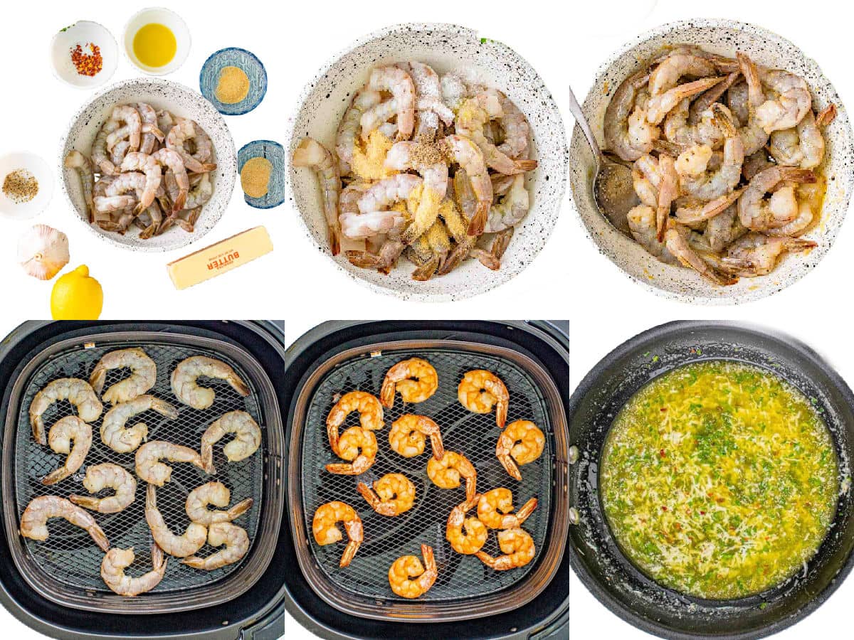 six image collage showing how to cook shrimp in air fryer.