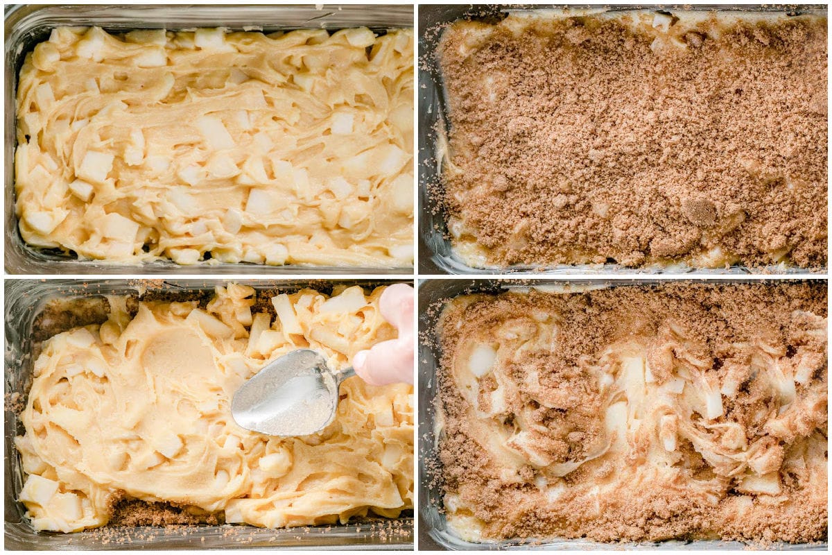 four image collage showing how to assemble apple bread in loaf pan.