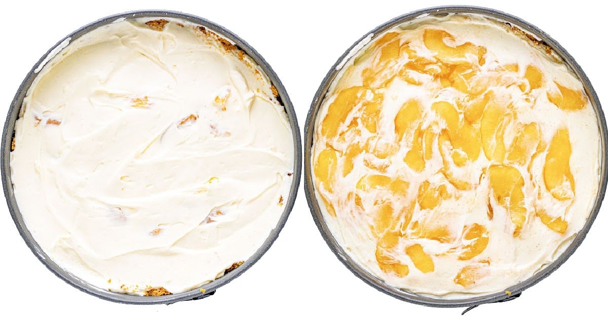 two image collage showing apple cheesecake being assembled in a springform pan.