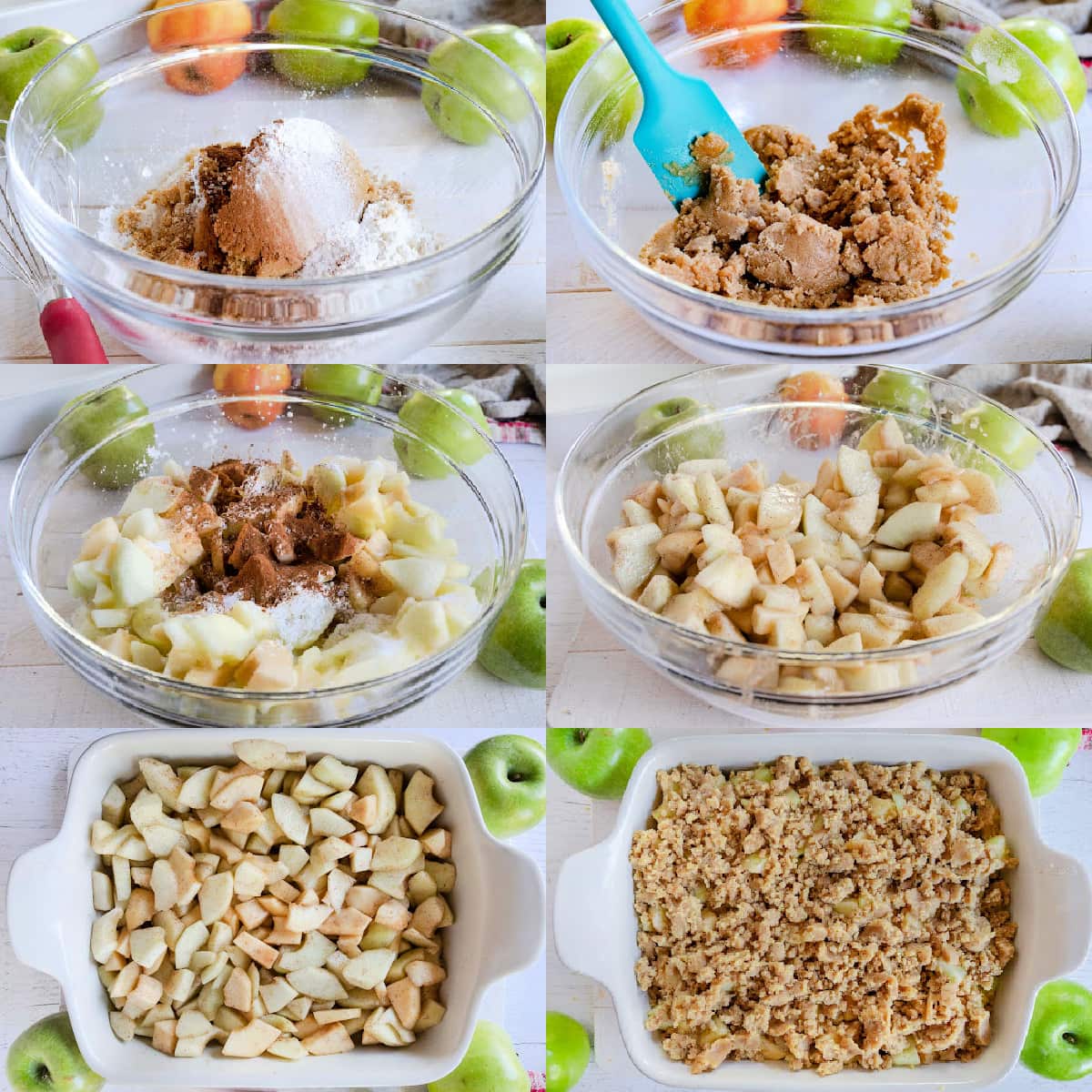 six image collage showing step by step how to make apple crumble.